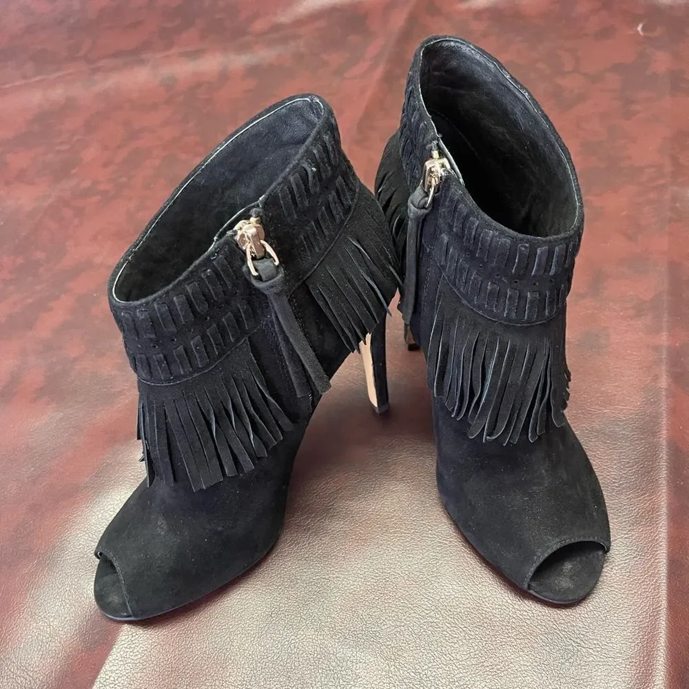 Rebecca Minkoff black suede fringe heels, size 6 1/2